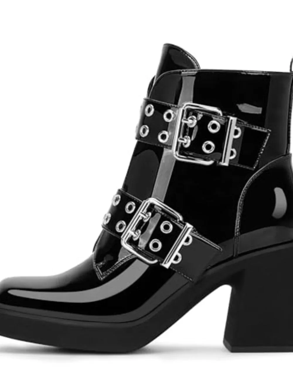 Patent Leather Chunky Heel Buckle Ankle Boots Side Zipper Platform Booties